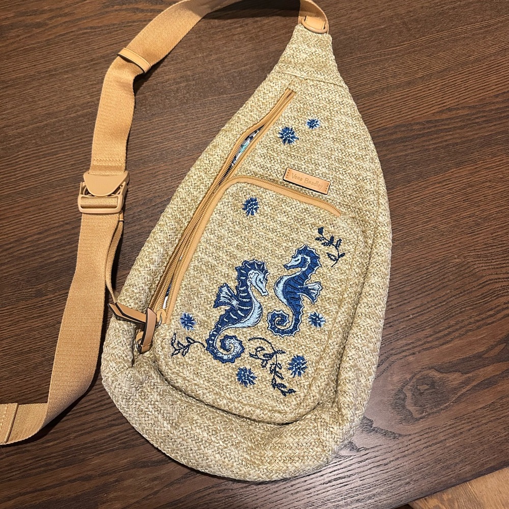 Vera Bradley Tan and Blue Belt Bag with Embroidered Details- like new, laundered